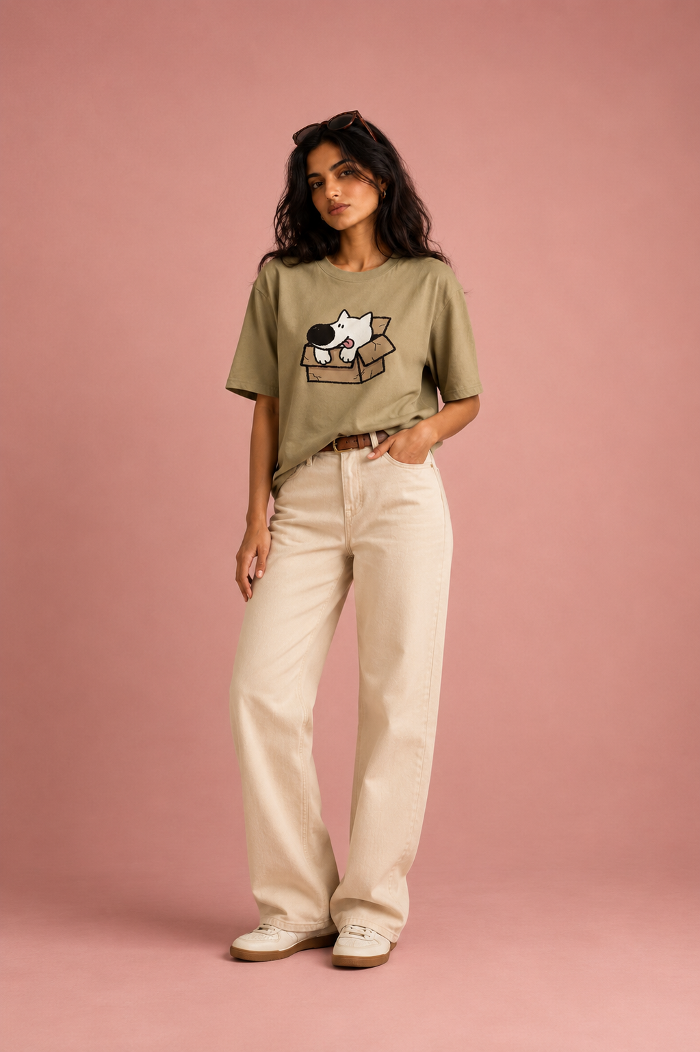 Doggie minimal animal graphic tee on khaki