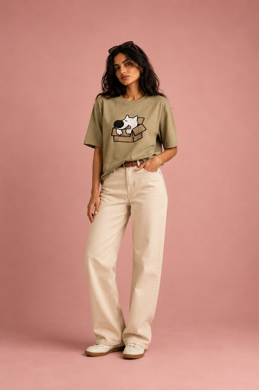 Doggie minimal animal graphic tee on khaki