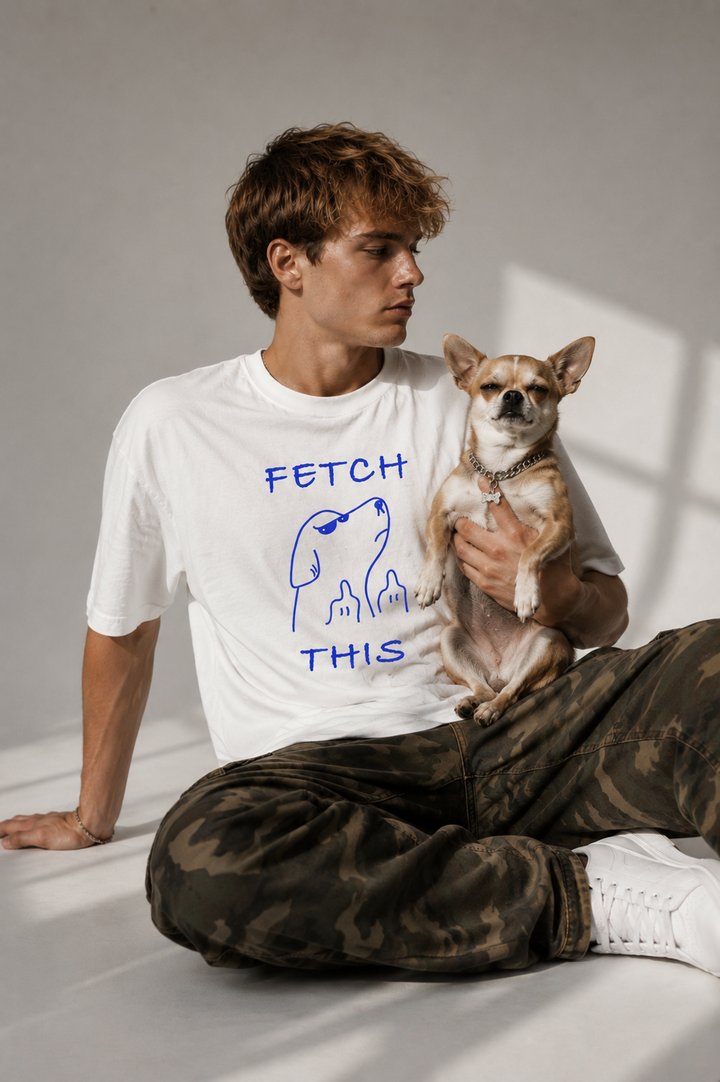 Fetch this blue dog illustration design detail on white tee