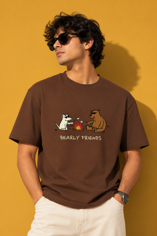 Bearly Friends animal graphic tee with bear and dog campfire illustration