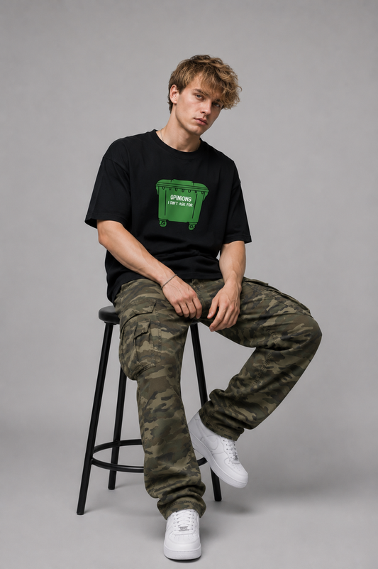 Opinions I didn't ask for black graphic tee with green typography