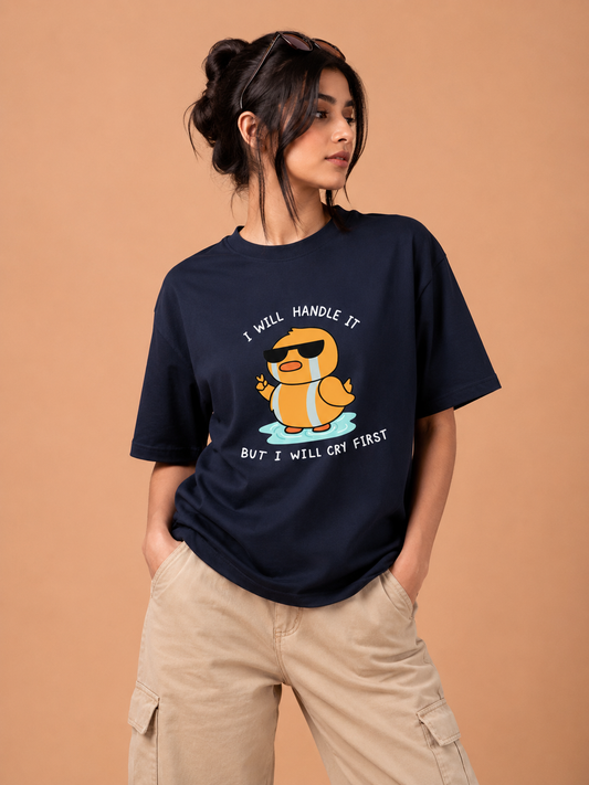 Cry first funny graphic tee with cartoon-style design on navy